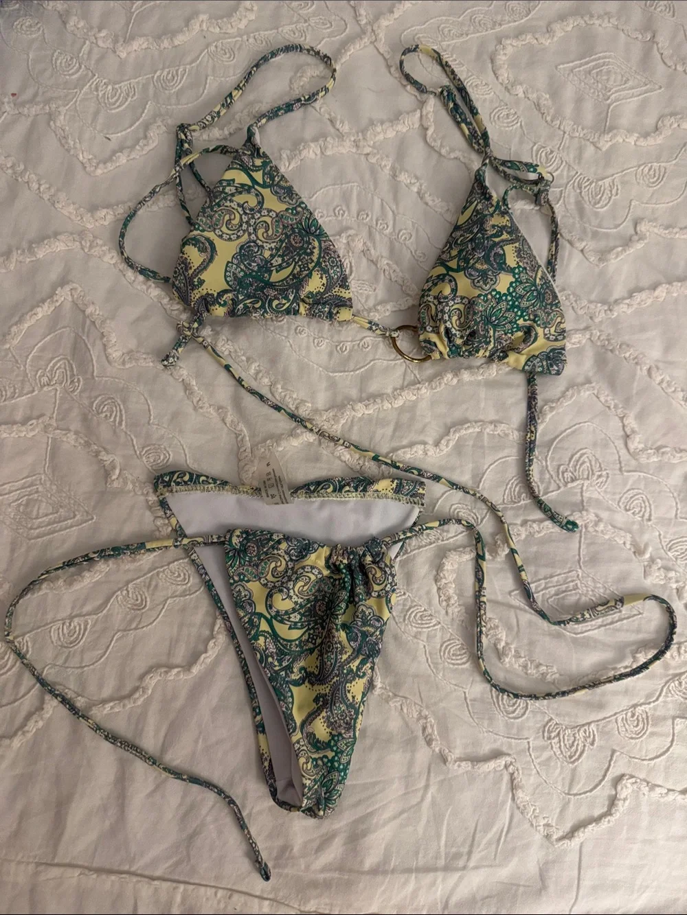 SHEIN Green and Yellow Paisley String Bikini Set